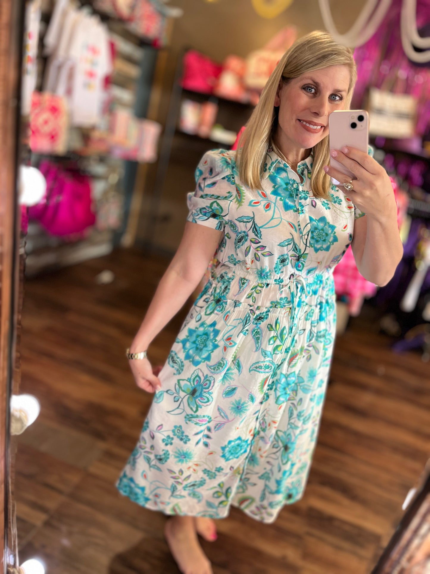 Playful Floral Print Midi Shirt Dress