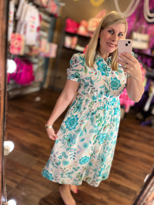 Playful Floral Print Midi Shirt Dress