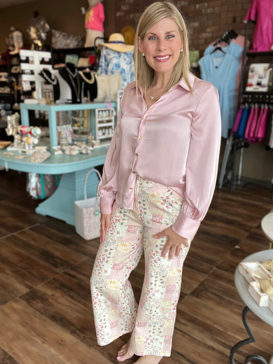 Vintage Pastel Floral Patchwork Wide Leg Pants