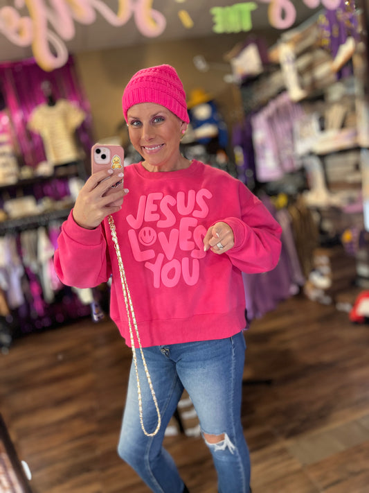 Smiley Jesus Loves You Puff Pink Sweatshirt