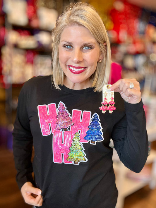 HoHoHo Sequin Patch on Long Sleeve Tee