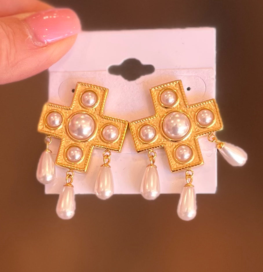 Pearly Cross Earrings
