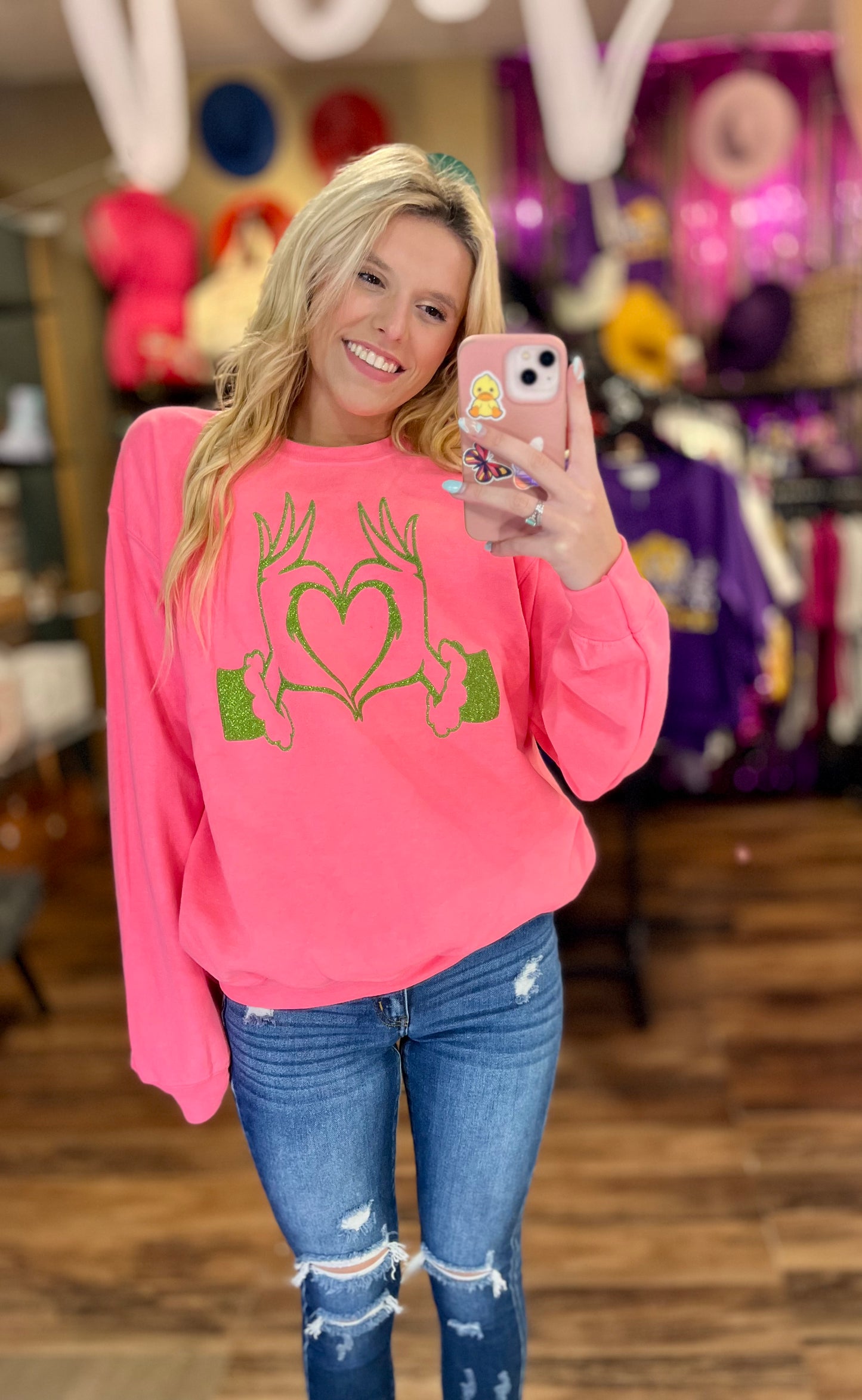 Glitter Puff Grinch Heart Sweatshirt