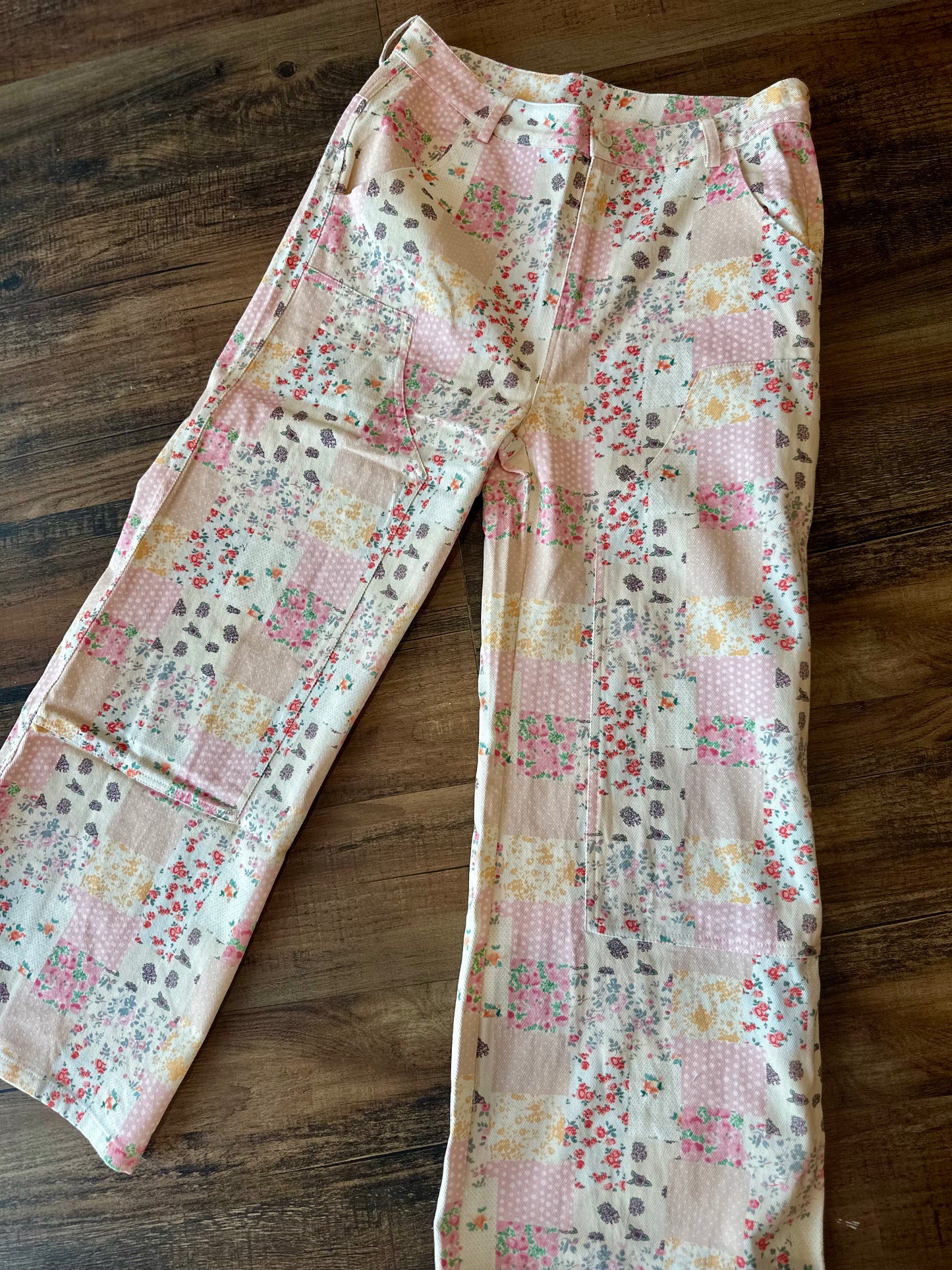 Vintage Pastel Floral Patchwork Wide Leg Pants