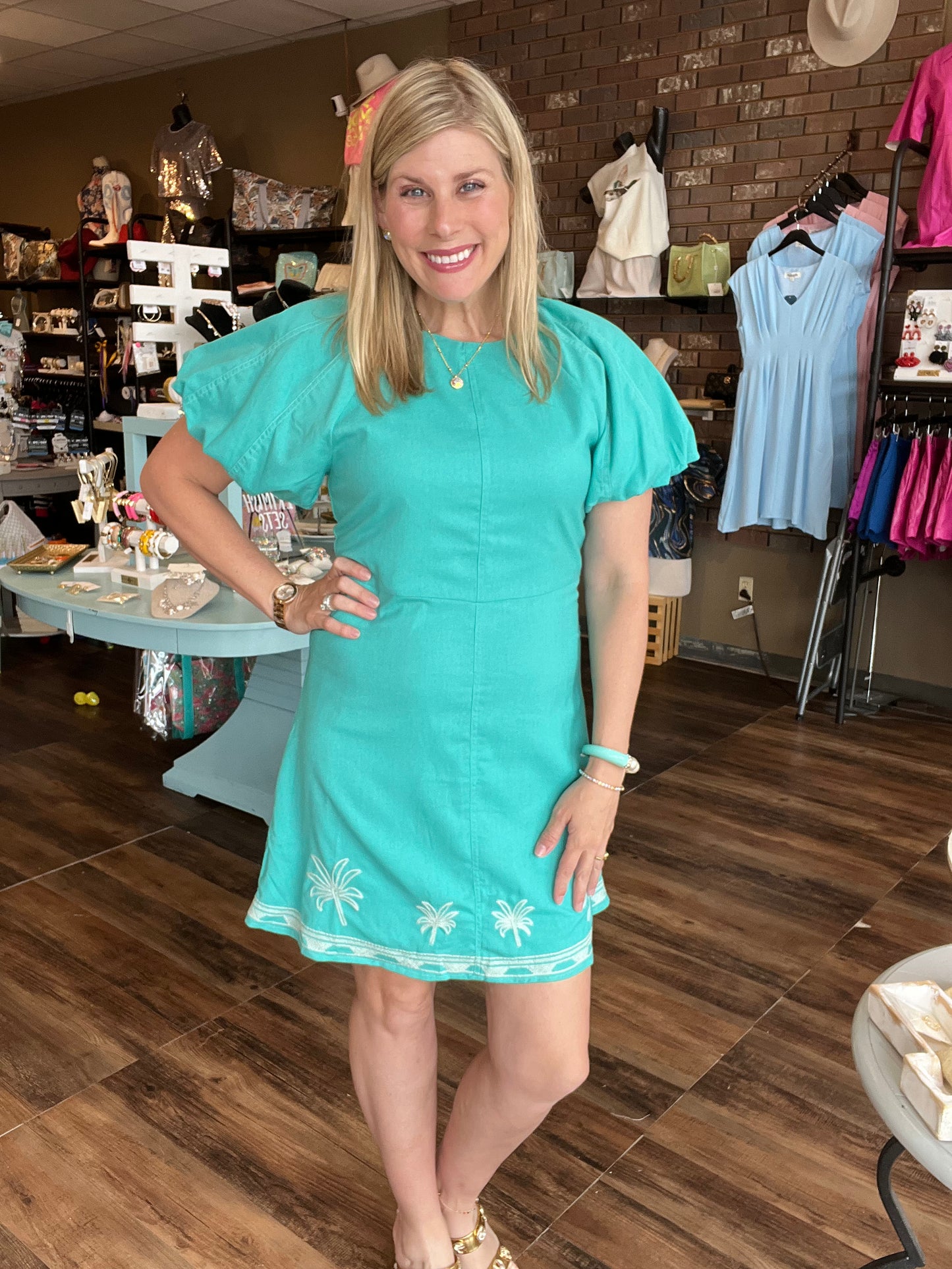 Palm Tree Embroidered Linen Mini Dress