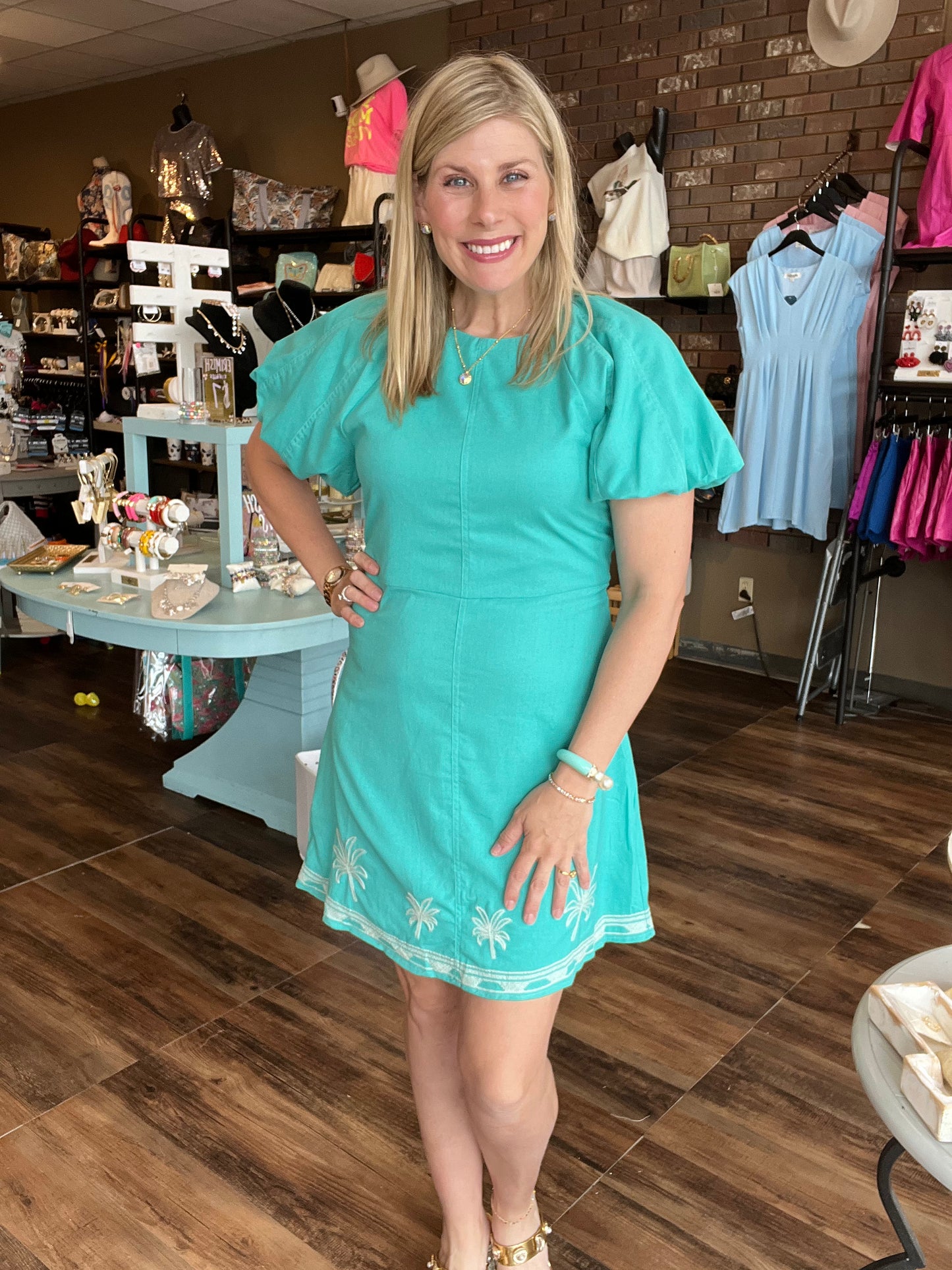Palm Tree Embroidered Linen Mini Dress