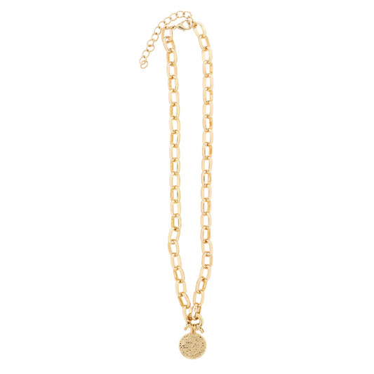 18K Gold Plated Gold Oval Link Chain Necklace with Gold Hammered Disk