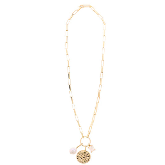 18K Gold Plated Gold Large Box Chain Necklace with Gold Hammered Disk, Clear Crystal, Pearl