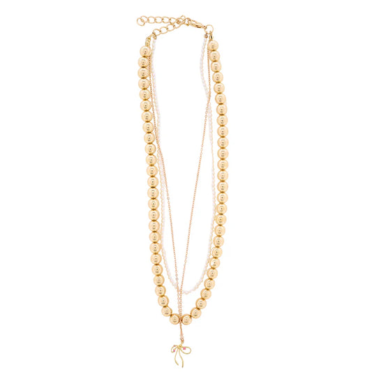 18K Gold Plated Gold & Pearl Beaded 3 Strand Necklace with Gold Bow
