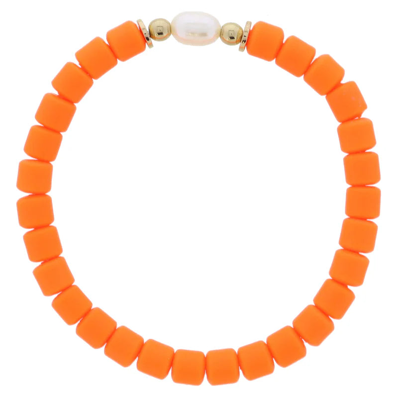 Orange Rubber Cylinder Beaded with Pearl and Gold Bead Accents Bracelet