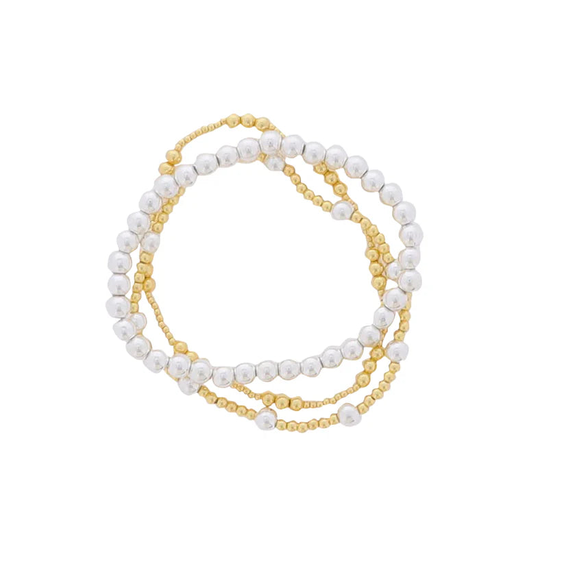 JM Set of 3, Multi Sized Ball, Silver, Gold Beaded Stretch Bracelet