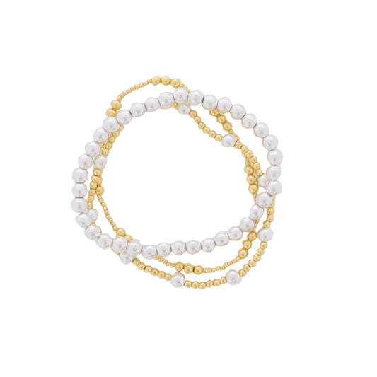 JM Set of 3, Multi Sized Ball, Silver, Gold Beaded Stretch Bracelet