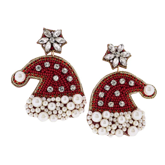 JM Red & Pearl Beaded Santa Hat Earrings