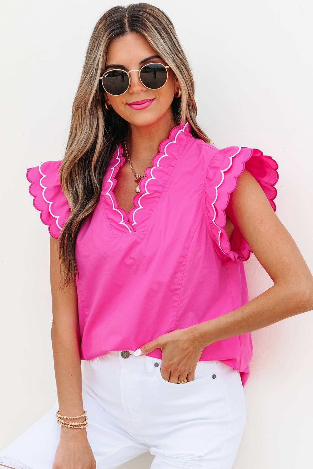 Contrast Scallop Trim Layered Short Sleeve Blouse