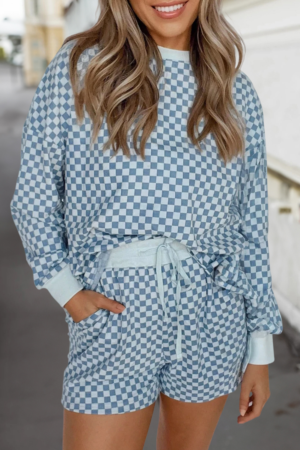 Checkered Long Sleeve Pullover &  Shorts Set
