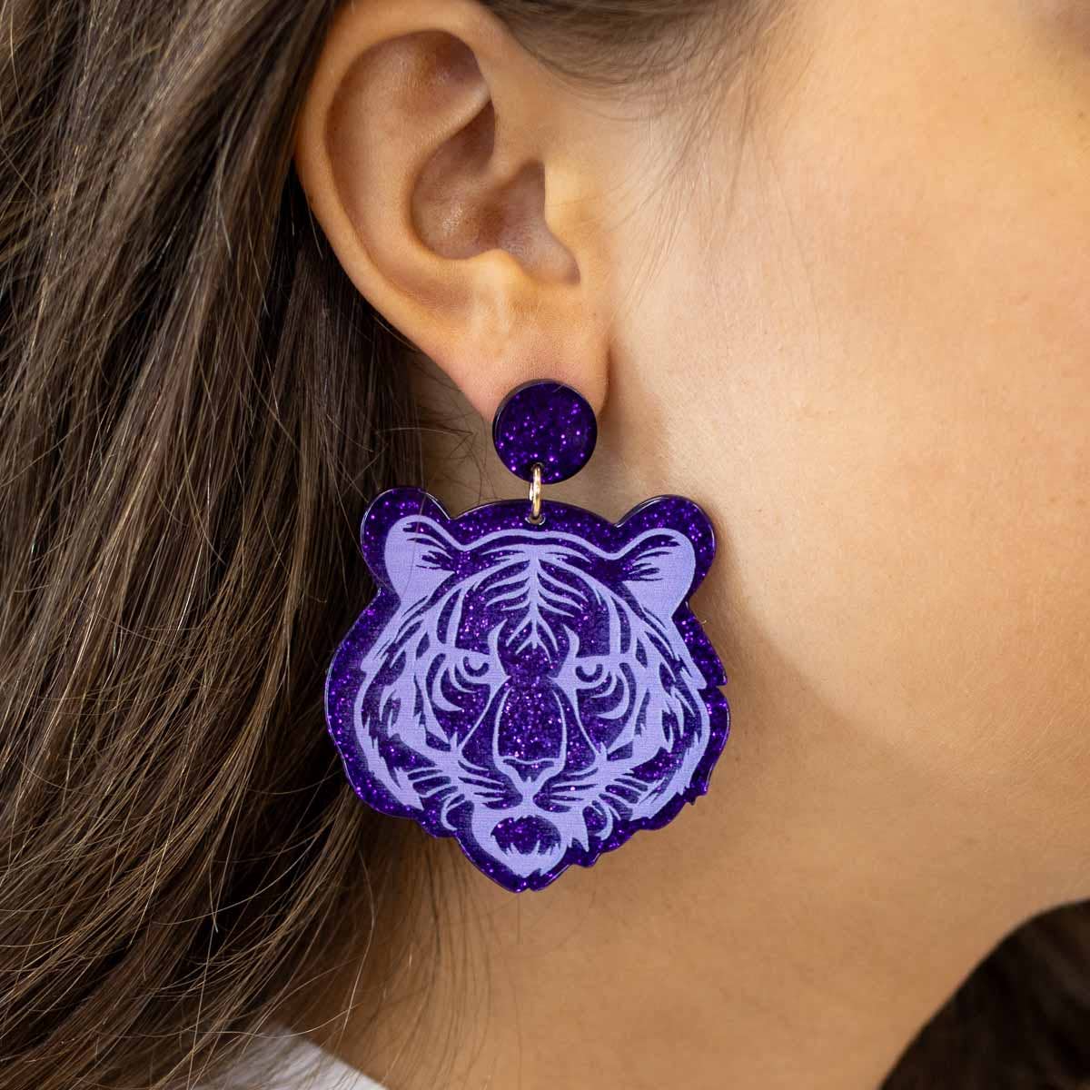 Tiger Acetate Earrings   Purple/Light Purple   2"