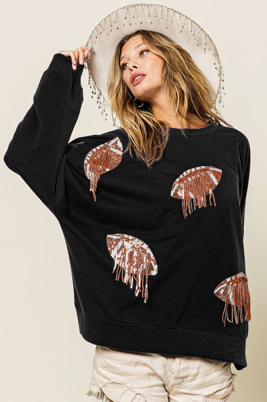 Sequin Fringe Football Patch Round Neck Sweatshirt