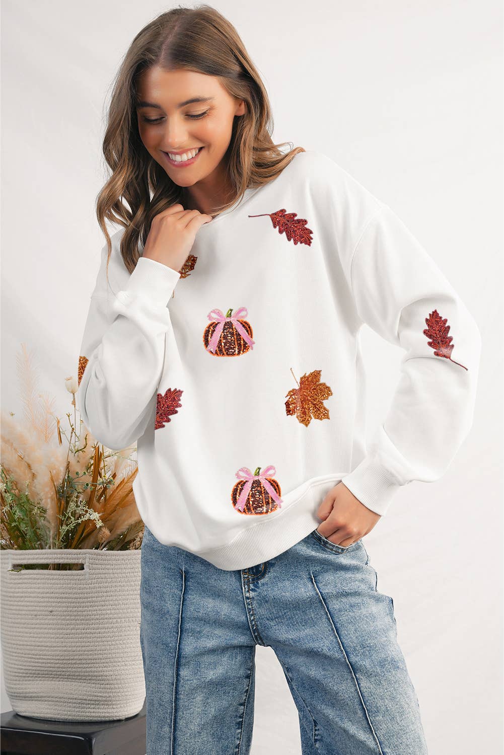 Leaf & Pumpkin Sequin Patch Sweatshirt