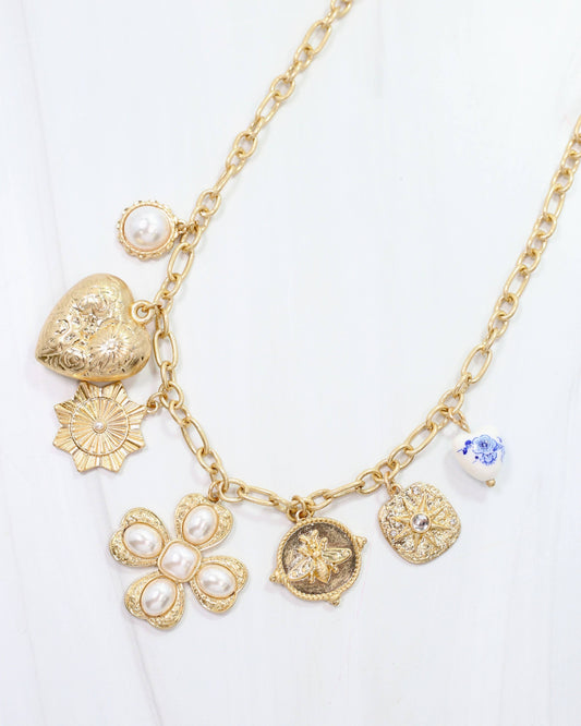 Verona Gold and Pearl  Charm Necklace Worn Gold