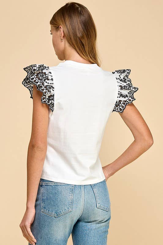 Ruffled Lace Sleeves Knit Top