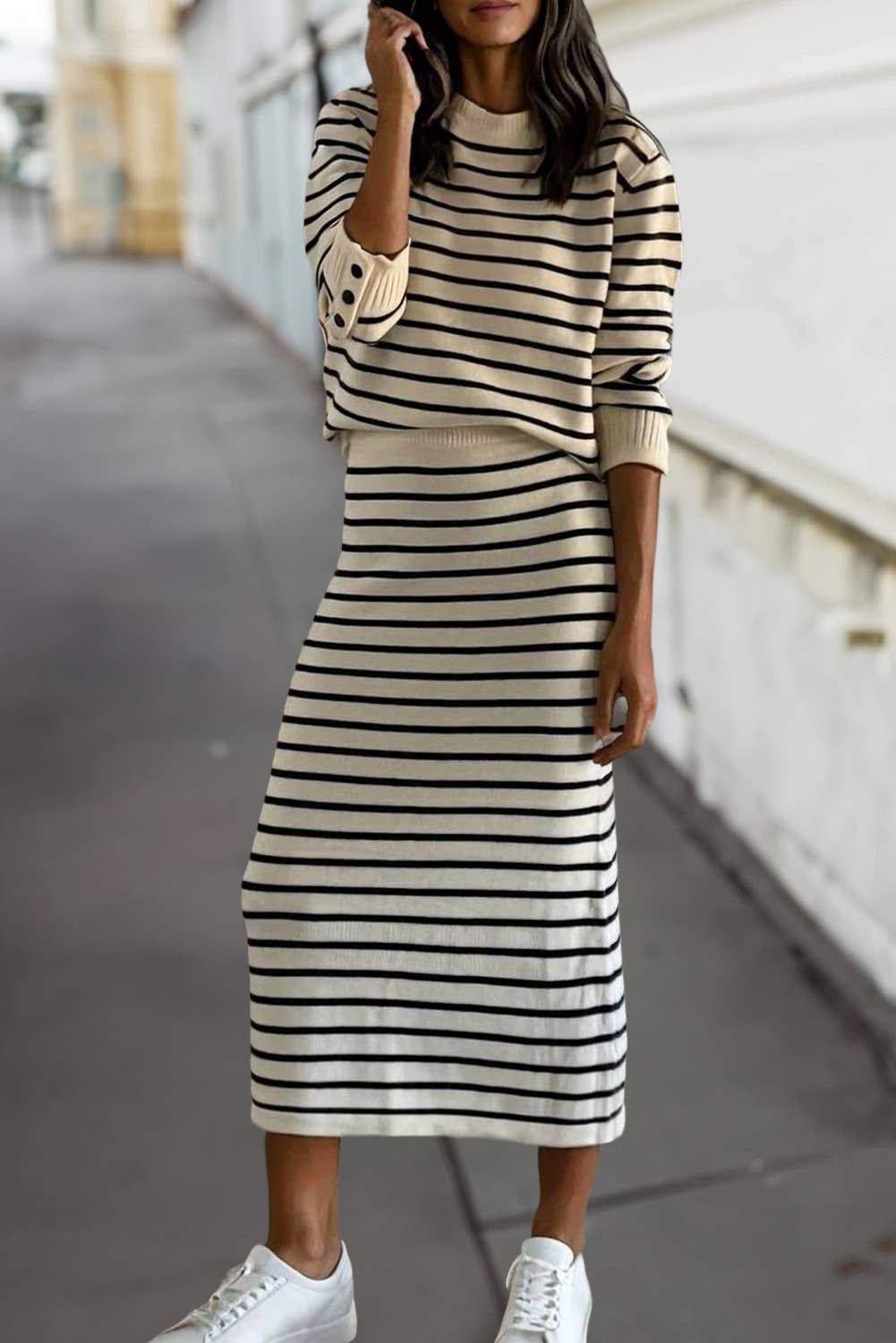 Stripe Button Cuff Top & Midi Skirt 2pcs Outfit