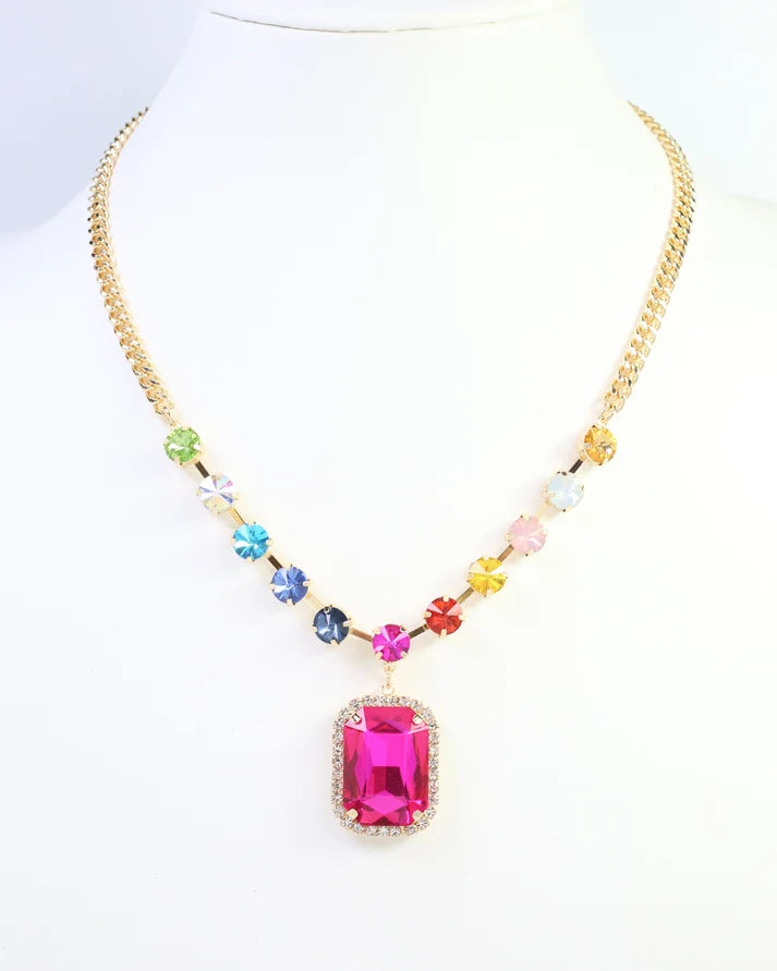 Roxanne Rhinestone Pendant Necklace Fuchsia