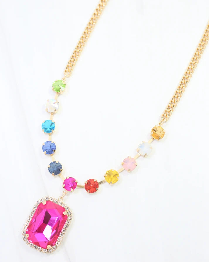 Roxanne Rhinestone Pendant Necklace Fuchsia