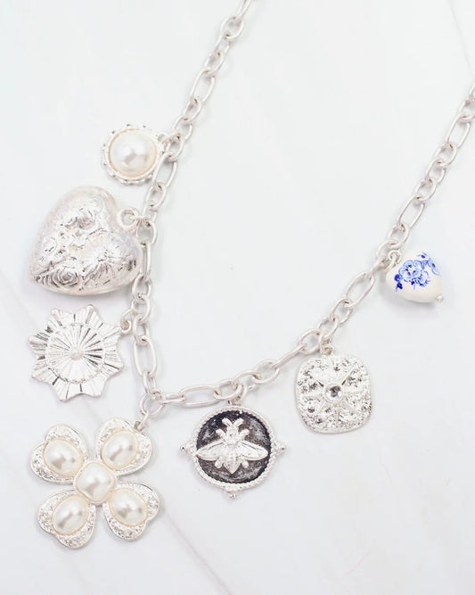 Verona Pearl Charm Necklace Worn Silver